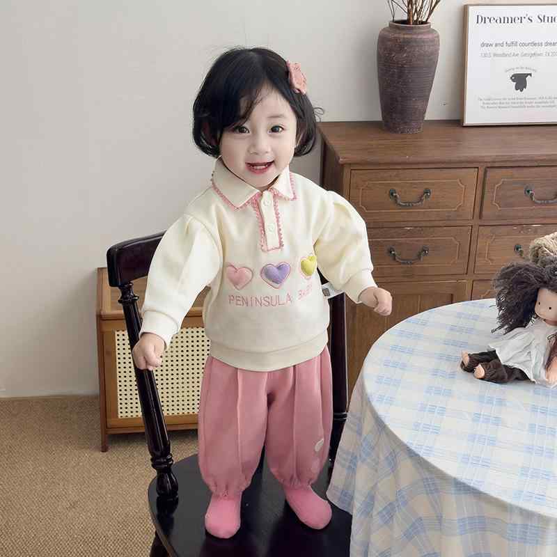 セットアップ 女の子 ベビー キッズ 幼児 立体ハート スウェット プルオーバー 長袖 ロングパンツ 2点セット 韓国風 カジュアル 春秋 綿混素材 ピンク かわいい 動きやすい 通園 普段使い