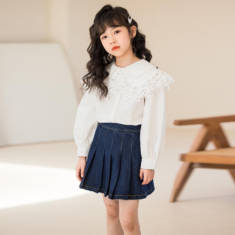 セットアップ キッズ 女の子 ジュニア フリル丸襟 レース ブラウス スカート 2点セット 韓国風 おしゃれ カジュアル 上品 春秋 綿素材 柔らかな着心地 無地