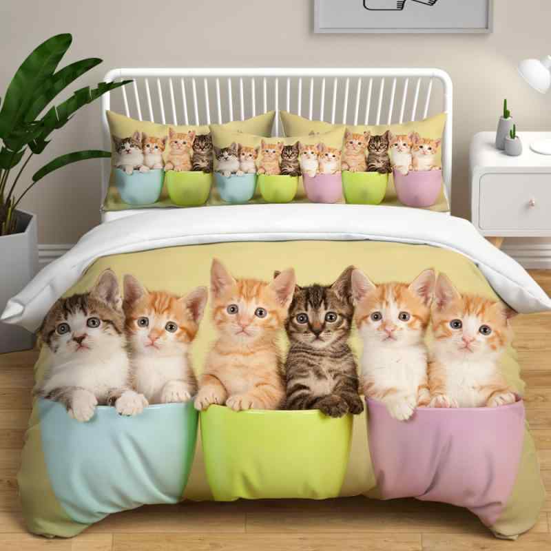 布団カバーセット かわいい キュート 子猫 猫柄 3D 立体 デジタルプリント 起毛加工 化繊素材 ベッドシーツ 枕カバー 掛け布団カバー 寝具 サイズオーダー