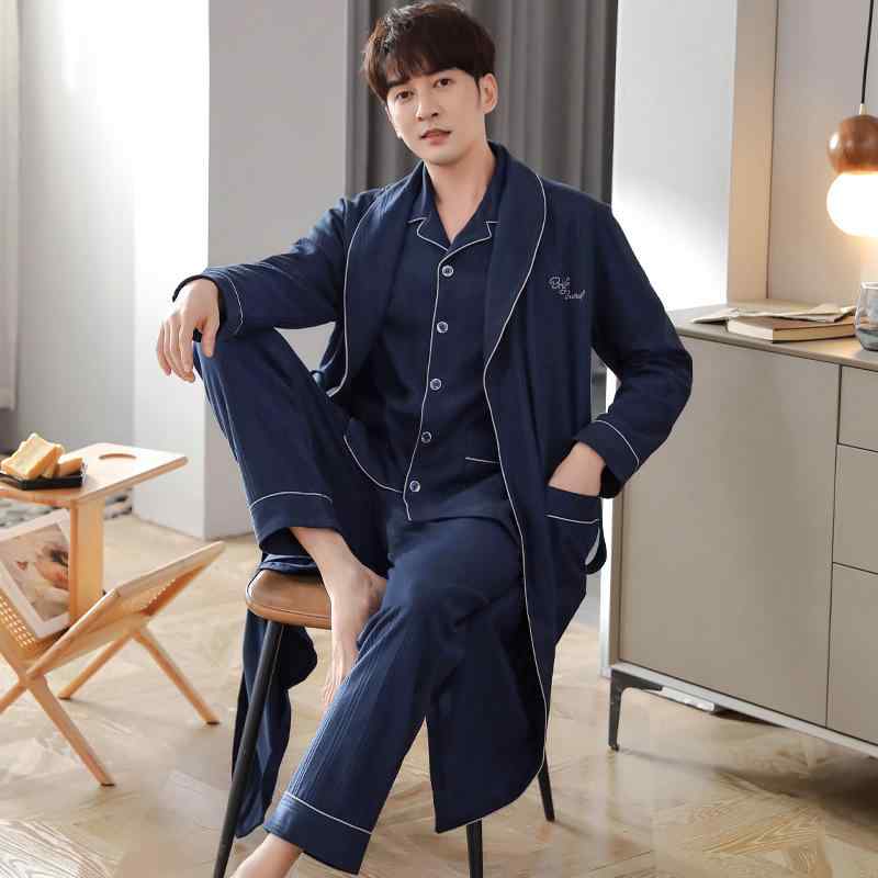 お部屋お召しもの メンズ 成人男性用 年月 パジャマ 寝巻き バスローブ ナイト爵化粧着 綿 綿織物 長袖 ロング丈 3点仕掛ける 介護ホームお召しもの お部屋着 伸び伸びする一時停止 好いたらしいな着心地 青系 薄墨色系