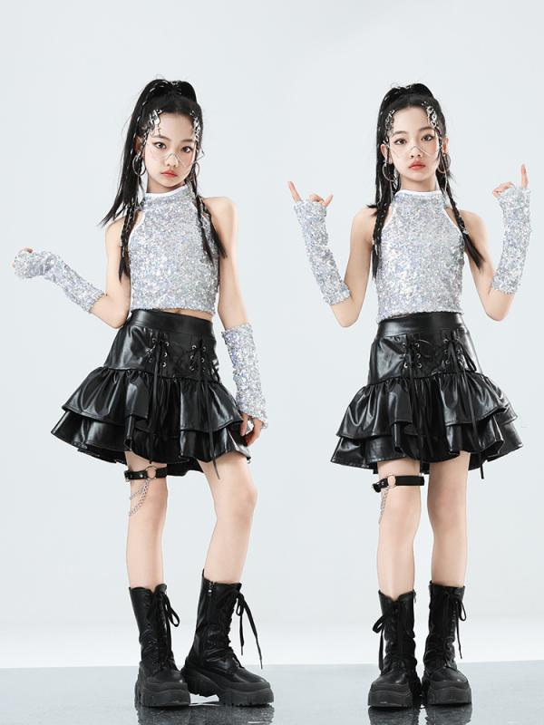 ダンス衣装 ガールズ ジャズダンス ストリートダンス スパンコール トップス フリル ティアードスカート セットアップ 発表会 ステージ イベント 韓国スタイル ポリエステル