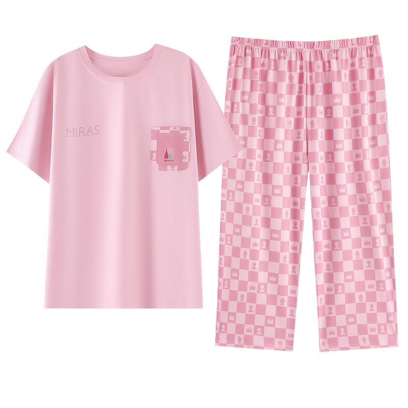 パジャマ レディース 女性用 カップ付き 春夏 綿 コットン 接触冷感 ひんやり 半袖 七分丈パンツ クロップドパンツ 薄手 ルームウェア 部屋着 セットアップ リラックス 通気性 快適 伸縮性
