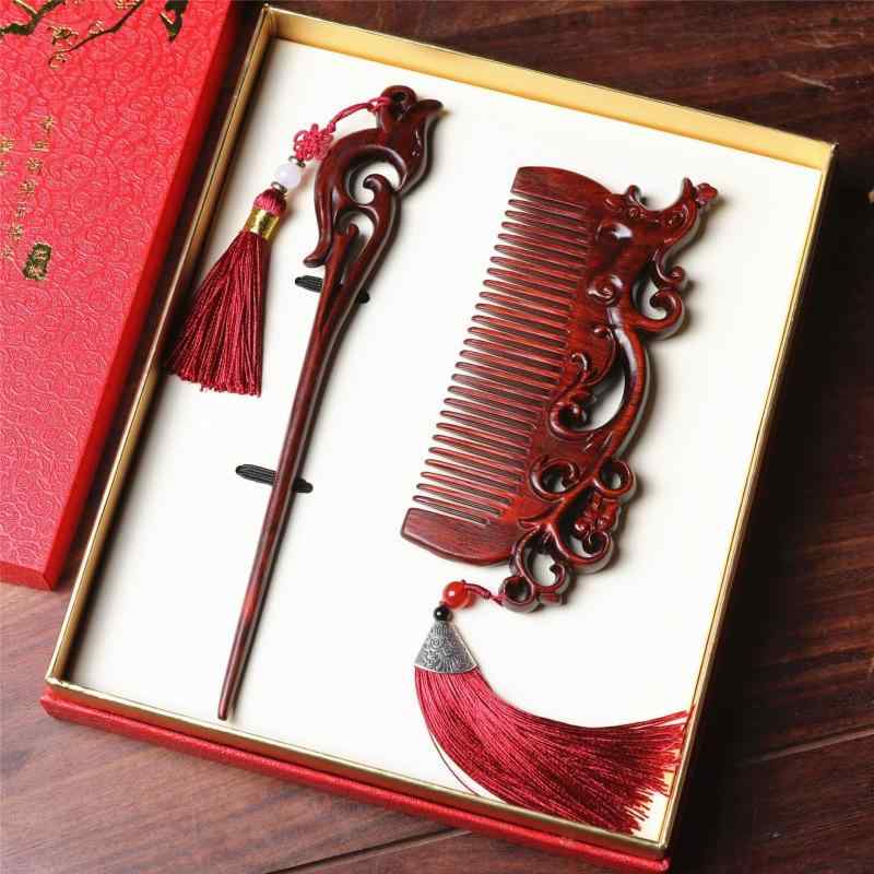 ヘアアクセサリー 紫檀木 鳳凰柄 彫刻 櫛 コーム 簪 かんざし 天然木製 高級感 ギフトセット 結婚式 婚礼祝い 贈答品 プレゼント 縁起物