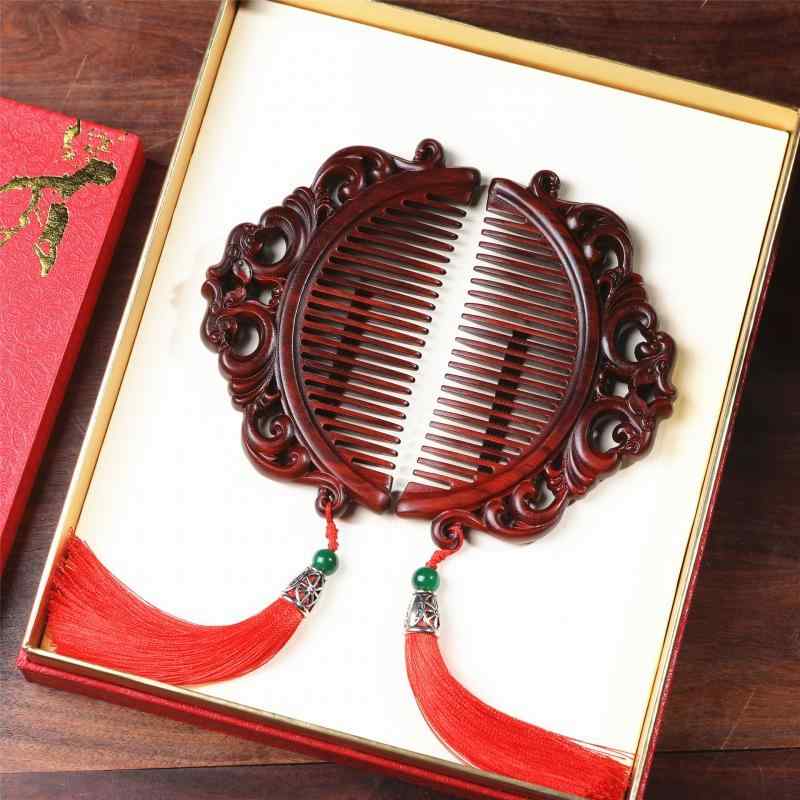 くし 紫檀 龍彫刻 手彫り ヘアブラシ コーム ペアセット 夫婦櫛 工芸品 美術品 ギフト 贈答用 プレゼント 記念品 誕生日 母の日 敬老の日 高級感 美髪