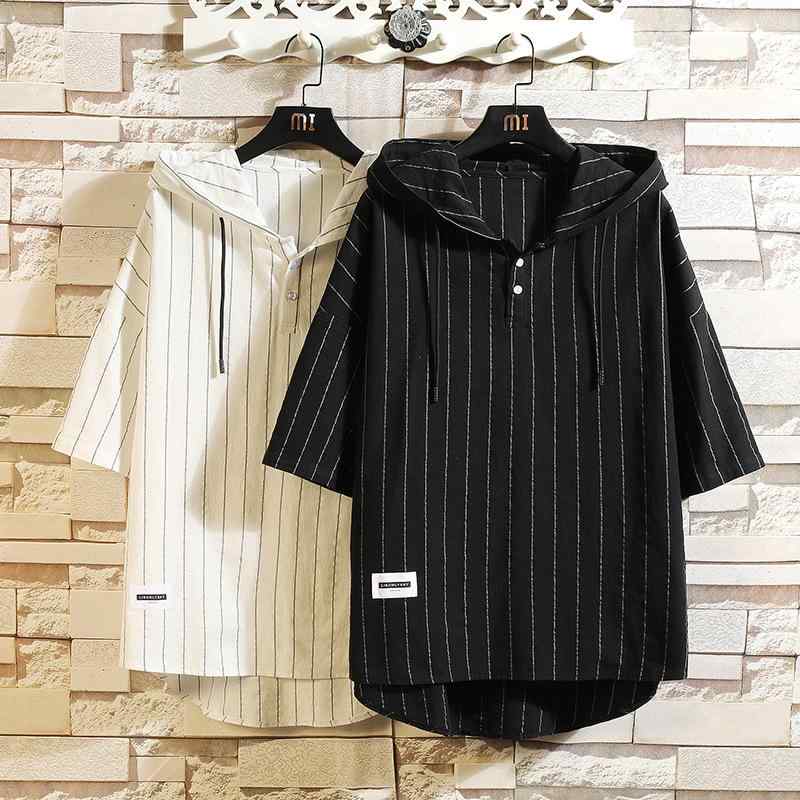 Tシャツ メンズ 男性用 日系 シンプル ストライプ ボーダー フード付き フーディー 七分袖 ゆったり ルーズフィット ビッグシルエット 大きいサイズ ビッグサイズ ポリエステル 化繊混紡 接触冷感 吸湿速乾 白 黒 カジュアル 春夏