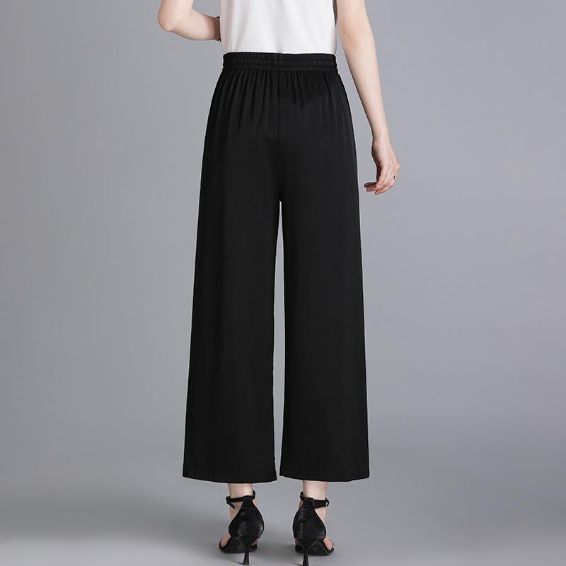 ワイドパンツ レディース 中高年 夏 薄手 ゆったり ゴムウエスト 大きめサイズ 9分丈 通勤 普段使い カジュアル ストレッチ 黒 グリーン キャメル|way-ugo