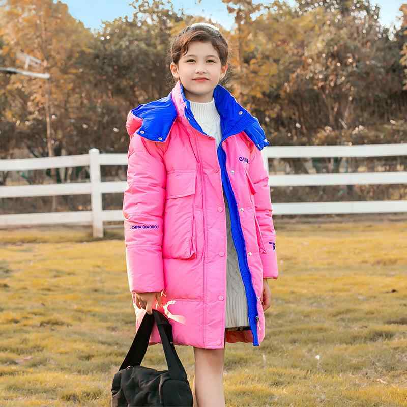 ダウンジャケット キッズ 女の子 子供用 ロング丈 フード付き 取り外し可能 秋冬 厚手 ホワイトダックダウン 防寒 保温 韓国風 ゆったり カジュアル アウター グリーン ローズレッド