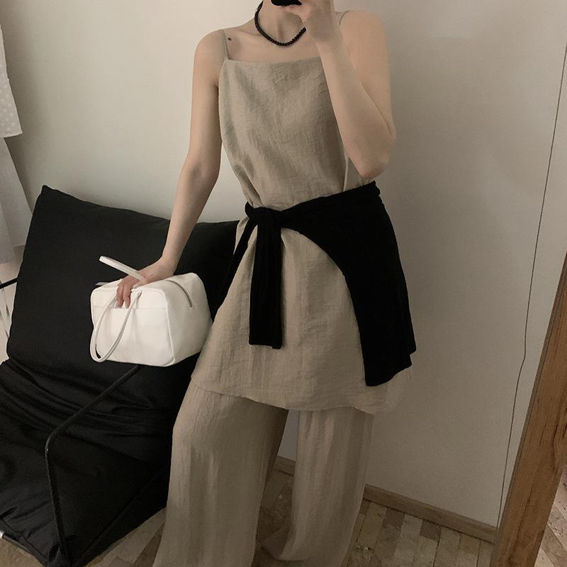 セットアップ レディース 夏 ノースリーブ キャミソール ワイドパンツ ロングパンツ 無地 コットン 接触冷感 ゆったり 楽ちん ウエストゴム 部屋着 通学 通勤 ルームウェア 涼しい グリーン カジュアル｜way-ugo