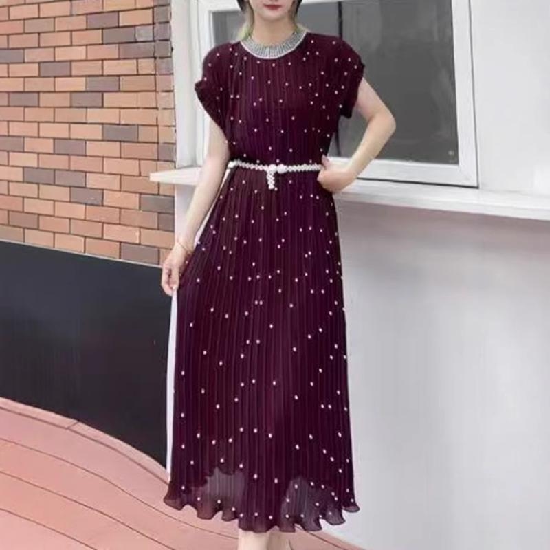 ワンピース レディース 春夏 半袖 マキシ丈 プリーツ ビーズ刺繍 ウエストベルト付き エレガント きれいめ 通勤 パーティー フォーマル Aライン 涼しい フェミニン 上品 無地｜way-ugo