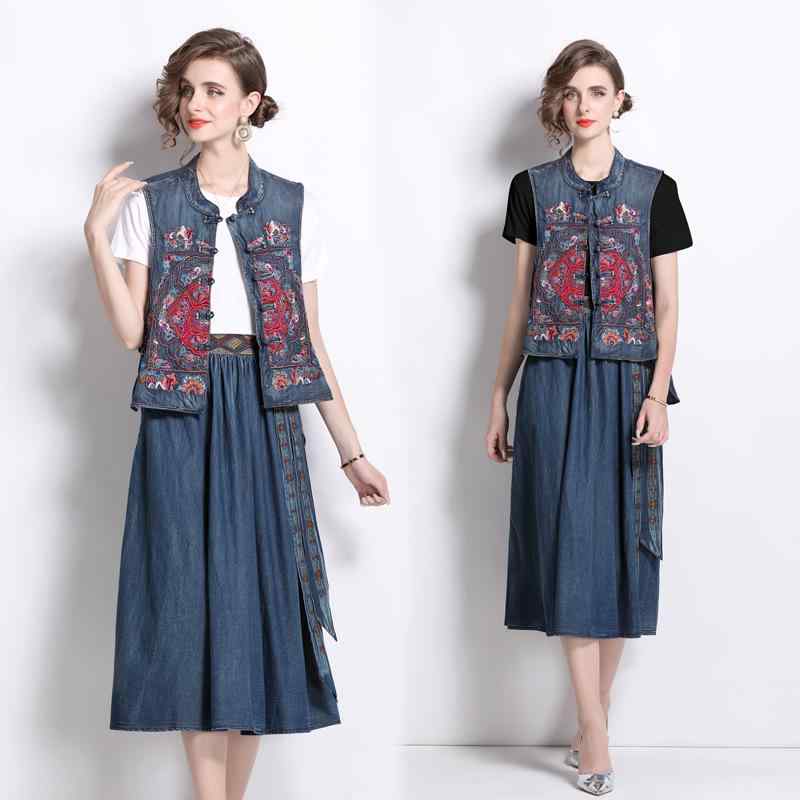 セットアップ レディース 春夏秋 チャイナ風 刺繍 ベスト Tシャツ デニムスカート 3点セット エレガント きれいめ 通勤｜way-ugo