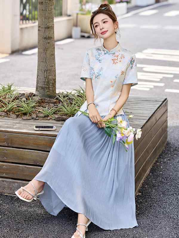 セットアップ レディース チャイナドレス風 チャイナボタン 立ち襟 半袖 トップス 花柄 ミモレ丈 スカート 2点セット 春夏 テンセル混 通勤 カジュアル エレガント｜way-ugo
