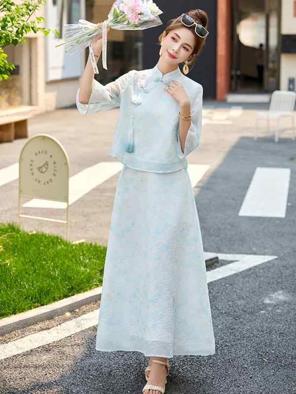 セットアップ レディース チャイナドレス風 チャイナボタン トップス ミモレ丈 スカート 2点セット 春夏 花柄 刺繍 レトロ エレガント きれいめ カジュアル 上品|way-ugo