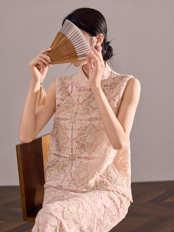 セットアップ レディース チャイナドレス風 ノースリーブ ベスト ロングスカート 春夏 刺繍 レース 切り替え 花柄 フリル 大人 かわいい エレガント レトロ チャイナ風 お出かけ 通勤|way-ugo