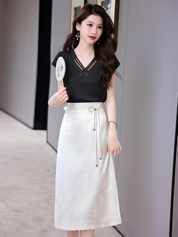 セットアップ レディース チャイナドレス風 切り替え Aライン ハイウエスト ミモレ丈 カジュアル 上品 春夏|way-ugo