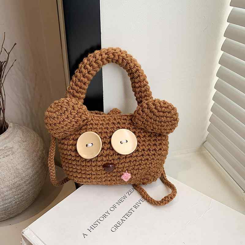 ショルダーバッグ レディース 手編み ニットバッグ クマ キャラクターモチーフ かわいい 斜めがけ スマホショルダー ミニバッグ クロシェ 巾着|way-ugo