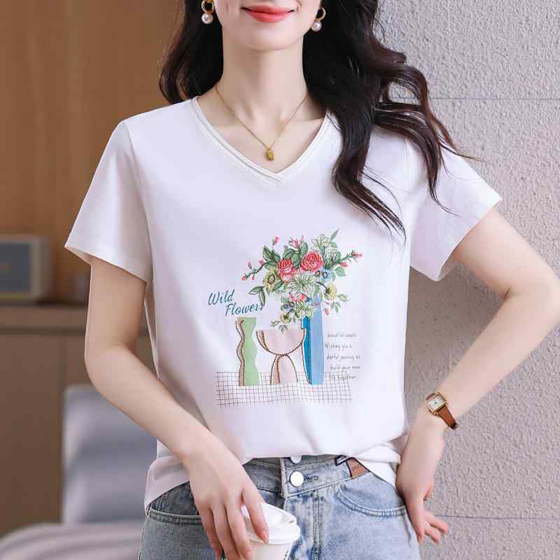 Tシャツ レディース カットソー 半袖 Vネック 綿 コットン 刺繍 花柄 ゆったり トップス 春夏｜way-ugo