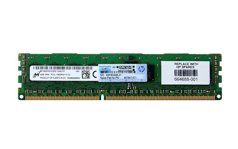647647-071 HP 4GB パソコン3L-10600R DDR3-1333 ECC Registered 1.35V 240pin Micron Technology MT18KSF51272PZ-1G4K1FF【中古】