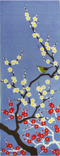 手ぬぐい 手拭い 四季彩布 2月 梅と鶯 日本製（MADE IN JAPAN)花 うめ うぐいす 冬 春 日本手拭い