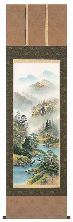 【売場】◆ 森川見林 『 彩色山水 』 日本画掛け軸 送料無料 掛軸