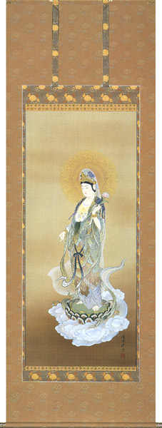 掛け軸 仏事 雲上聖観音 わだ 掛軸 床の間 おしゃれ 壁掛け 絵 75cm&times;197cm 全国送料無料｜わざっか本舗