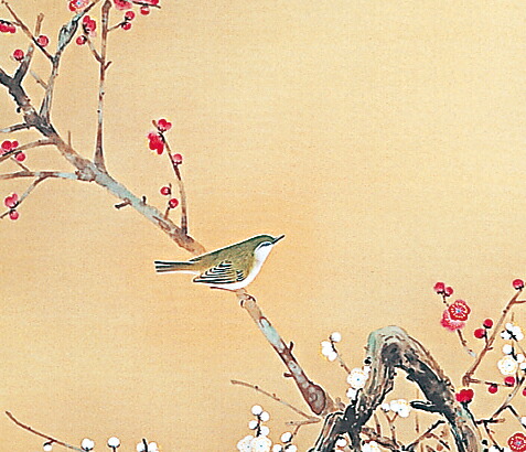 楽天市場 掛け軸 掛軸 かけじく 紅白梅に鶯 石田 大寿 全国送料無料無料 代引き手数料無料 花鳥画 梅 うめ 鶯 うぐいす 小鳥 冬用掛軸 冬向き掛け軸 わざっか本舗