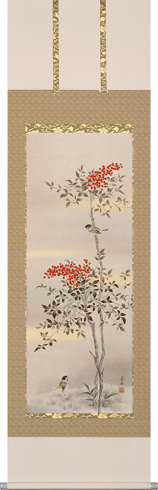 楽天市場】掛軸 南天に小禽 須藤正義画(掛け軸 尺五立)【送料無料