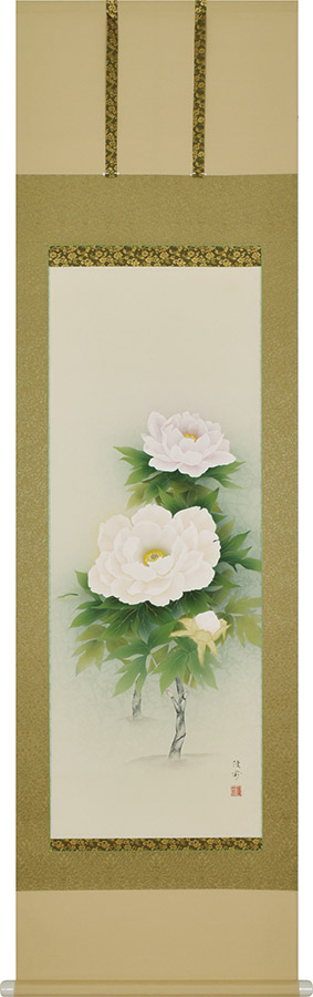 掛け軸 四季花 桐箱付き 掛け軸-四季花／吉井蘭月（尺五・桐箱・風鎮付き・正絹）花鳥画