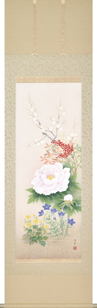 掛け軸 掛軸 四季花 鈴木優莉 尺五立 54.5&times;190cm ＜太巻桐箱収納＞ 全国送料無料無料 代引き手数無料 年中掛け｜わざっか本舗