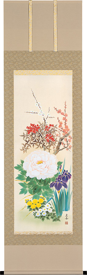 掛け軸 掛軸 <br>四季花 鈴木宏寿 尺五立(54.5×190cm) <br>桐箱収納 <br>全国送料無料無料 代引き手数無料 <br>年中掛け ギフト 贈答品 掛け軸販売