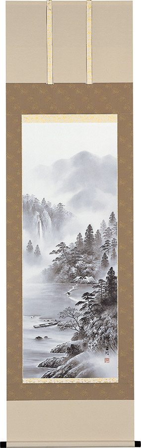 水墨画 掛け軸 山と樹木の風景　風鎮はつきせん 水墨画 掛け軸 山と樹木の風景 風鎮はつきせん 水墨画 掛け軸 山