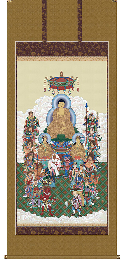 掛け軸 仏事 十六善神大 掛軸 床の間 おしゃれ 壁掛け 絵 106cm&times;232cm 全国送料無料｜わざっか本舗