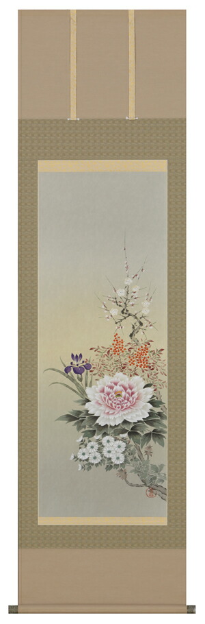 【掛け軸】渓月　作　「四季花」【美品】 花鳥の掛け軸 伊藤渓山作 四季花鳥 鮎にかわせみ