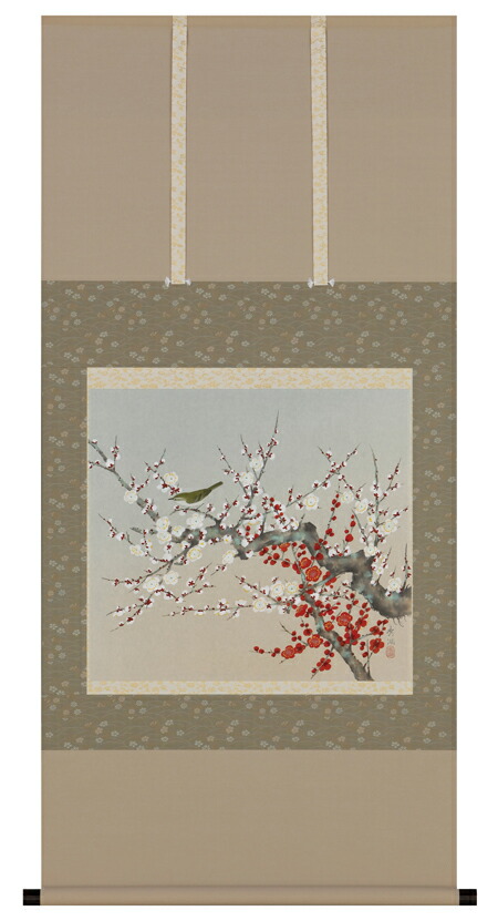 美品 掛け軸 北条静香作 梅に鶯図 共箱 花鳥 美術年鑑掲載 掛軸