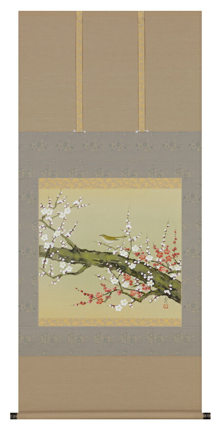 【掛軸】山田秋畝「早春」共箱 鳥 小禽 花鳥 梅 楽天市場】掛け軸 掛軸 春掛け 花鳥画 「桜花に小鳥」西尾香悦