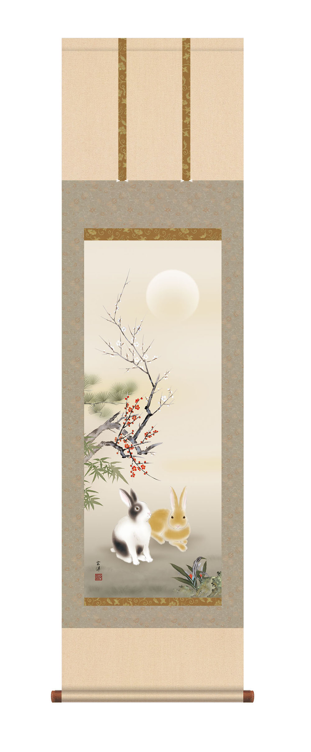 秋草に兎　うさぎ　寿拓銘　掛け軸　合わせ箱　書画、骨董品、美術品 秋草に兎 うさぎ 寿拓銘 掛け軸 合わせ箱 書画、骨董品、美術品 秋草