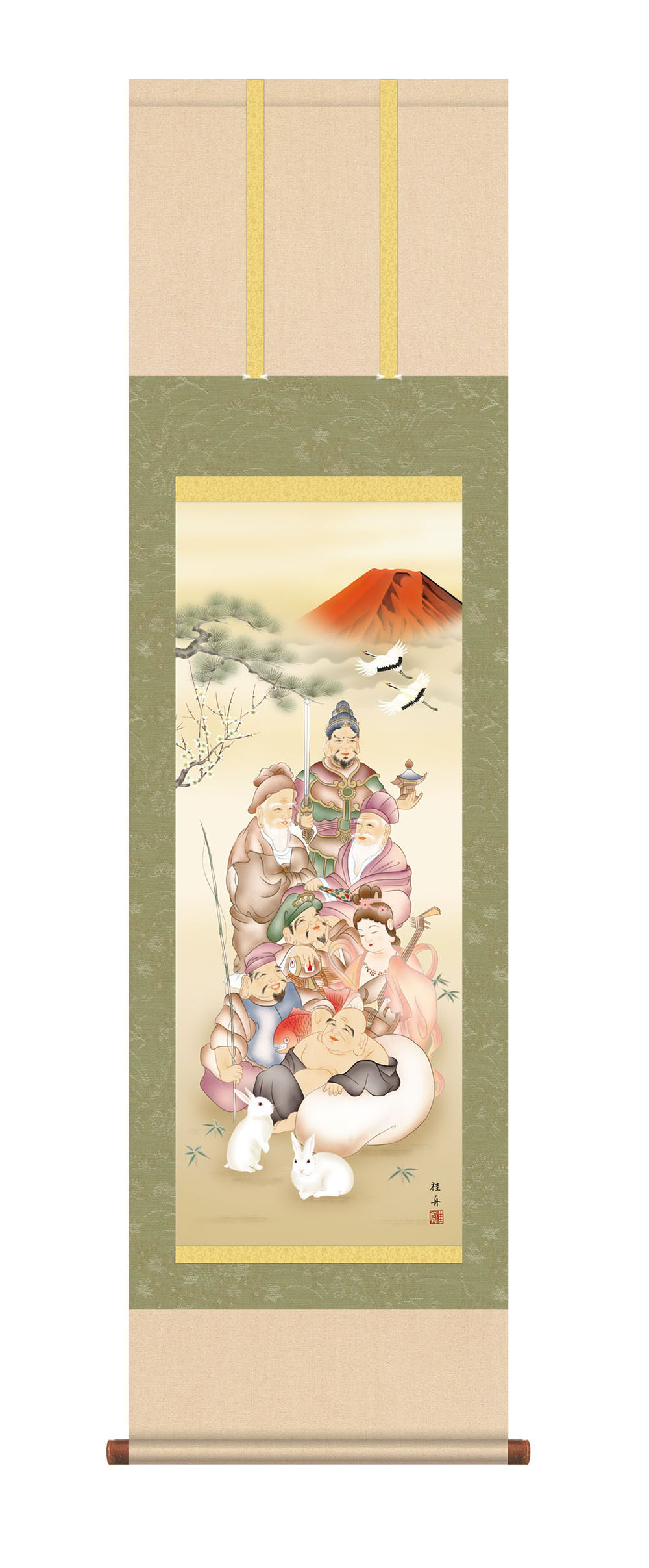 掛け軸 掛軸 尺三立 七福縁起兎之図 長江桂舟 幅44.5×高さ約164cm 干支 縁起画 受注生産品 全国送料無料 代引き手数料無料 化粧箱 風鎮 防虫香 3点セット付
