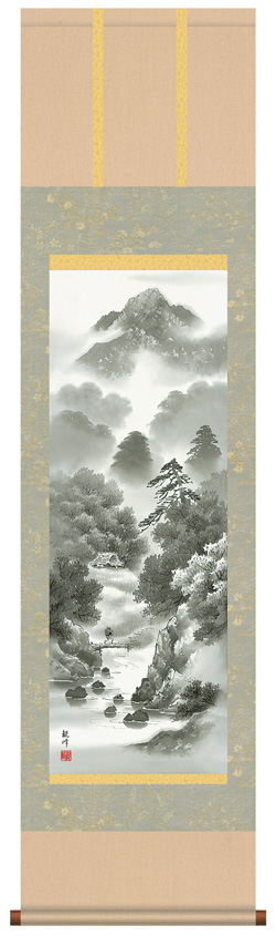 15%OFF◎倉地邦彦『彩色山水（大幅立）』日本画★風景・掛け軸・ 山水、風月