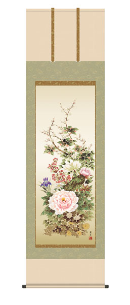 掛け軸　名花繚乱　吉井蘭月（曉山会）　尺五立幅54.5×高さ約190cm　花鳥画　年中掛け　<br>