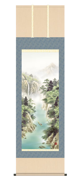 掛け軸　清風水明　田口紅洋（幸洋会）　尺五立幅54.5×高さ約190cm　山水画　彩色山水　 \