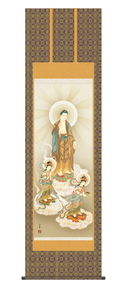 掛け軸　阿弥陀三尊佛　大森宗華（弥栄会）　尺五立幅54.5×高さ約190cm　仏事画　三尊佛　 \