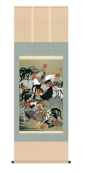 掛軸 平安 伊藤若冲作 工芸印刷 花鳥図 時代箱付 M 4649A 掛軸 平安