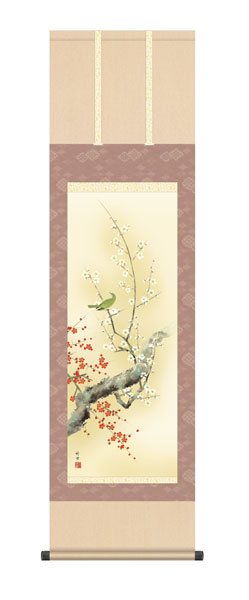 掛け軸　田村　竹世（三美会）　紅白梅に鶯　尺三立幅44.5×高さ約164cm　花鳥画　春掛け　 \
