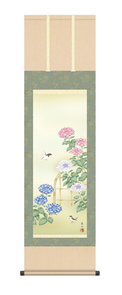 掛け軸　高見　蘭石（三美会）　紫陽花　尺三立幅44.5×高さ約164cm　花鳥画　夏掛け　 \