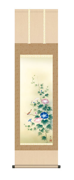 掛け軸　高見　蘭石（三美会）　朝顔　尺三立幅44.5×高さ約164cm　花鳥画　夏掛け　<br>