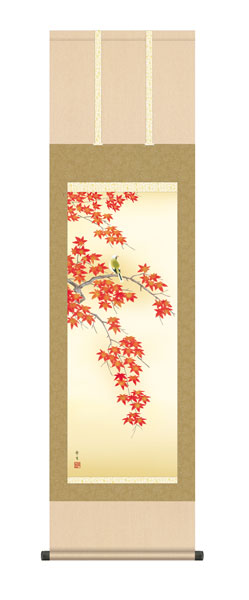 掛け軸　北山　歩生（三美会）　紅葉に小鳥　尺三立幅44.5×高さ約164cm　花鳥画　秋掛け　 \