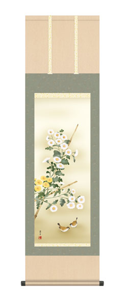 掛け軸　吉井　蘭月（曉山会）　菊花　尺三立幅44.5×高さ約164cm　花鳥画　秋掛け　 \