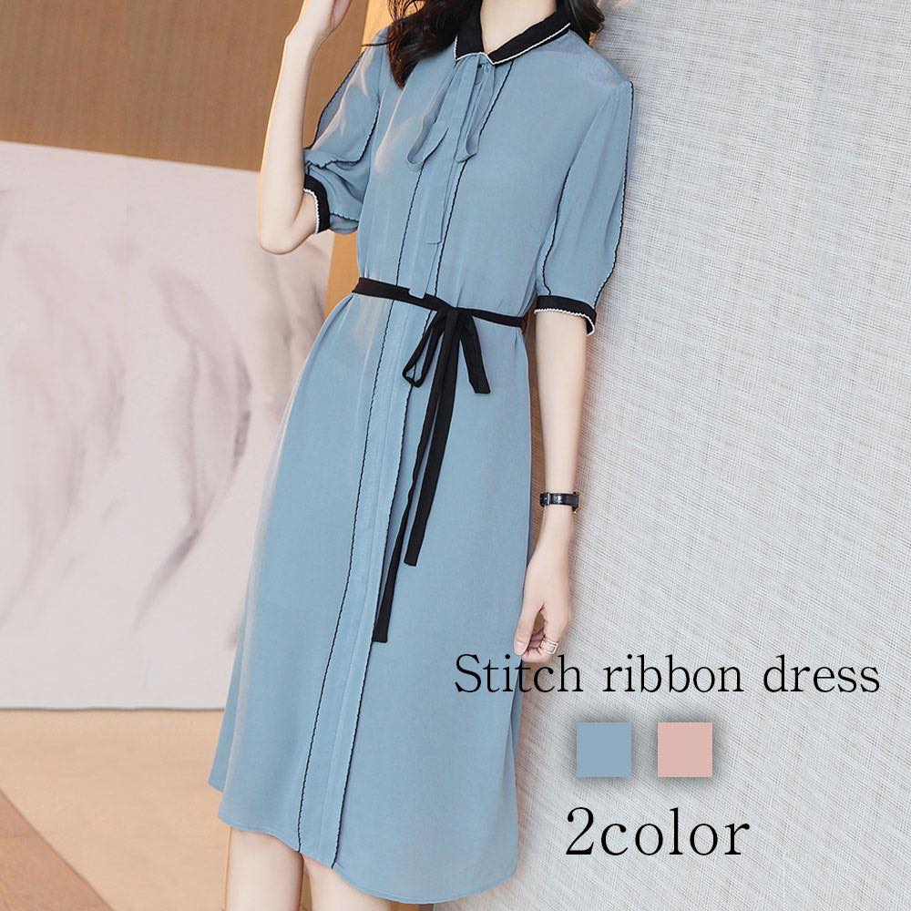 ステッチリボンワンピース ブルー レディース ピンク ワンピース S M L Xl 2xl 代 代 30代 40代 50代 ファッション 大人 オフィス きれいめ オフィスカジュアル ワンピース レディース カジュアル きれいめ マキシ 半袖 夏 50代 スカート 40代 代 おしゃれ