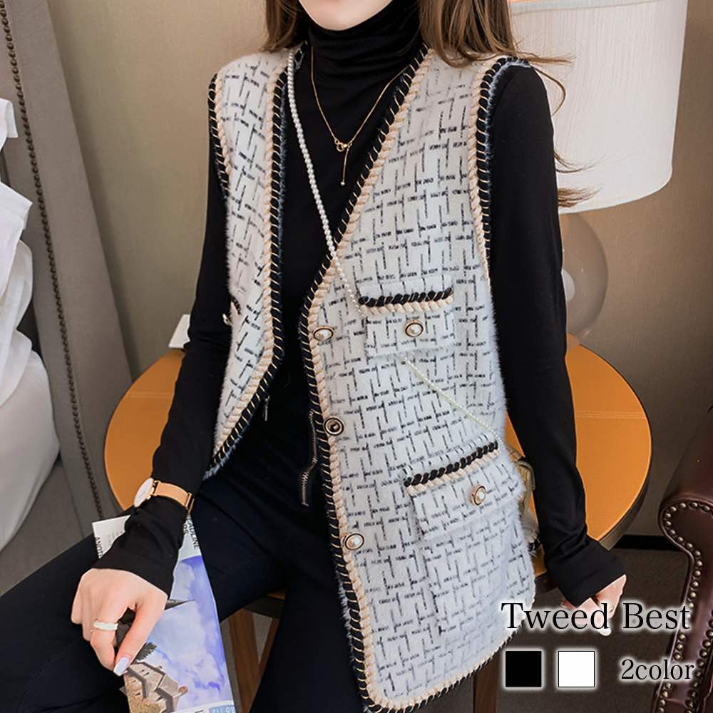 楽天市場】 ノーカラー ツイードベスト レディース ベスト ジレ