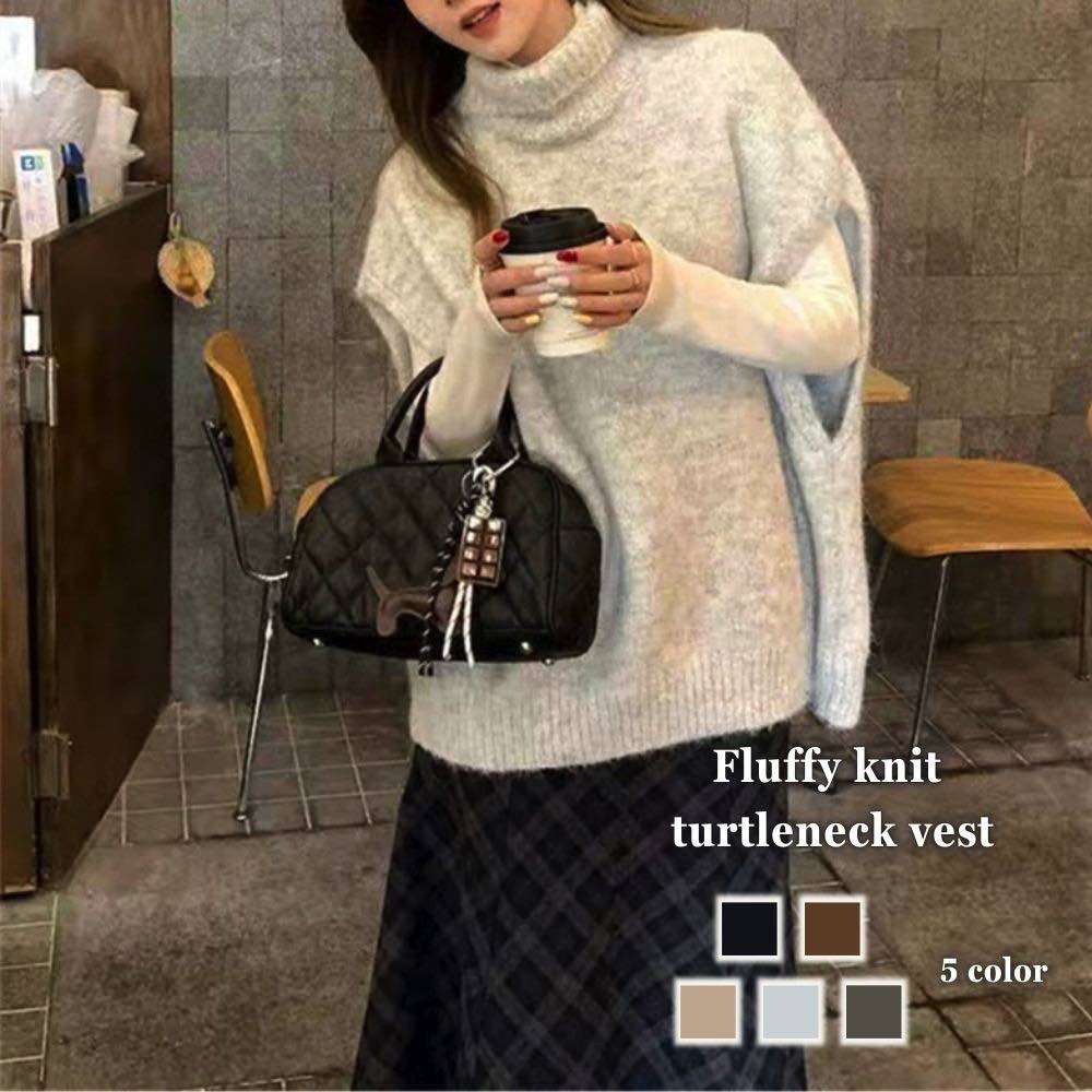 【＼クーポン利用で20%OFF!／】 ベスト レディース ふわふわニットタートルネックベスト アーガイル シニア 前開き 冬 スーツ おしゃれ 人気 スポーツ アウター キルティング 可愛い ロング 羽毛 秋 お年寄り 厚手 黒 フリース インナー あったか 襟なし 部屋着