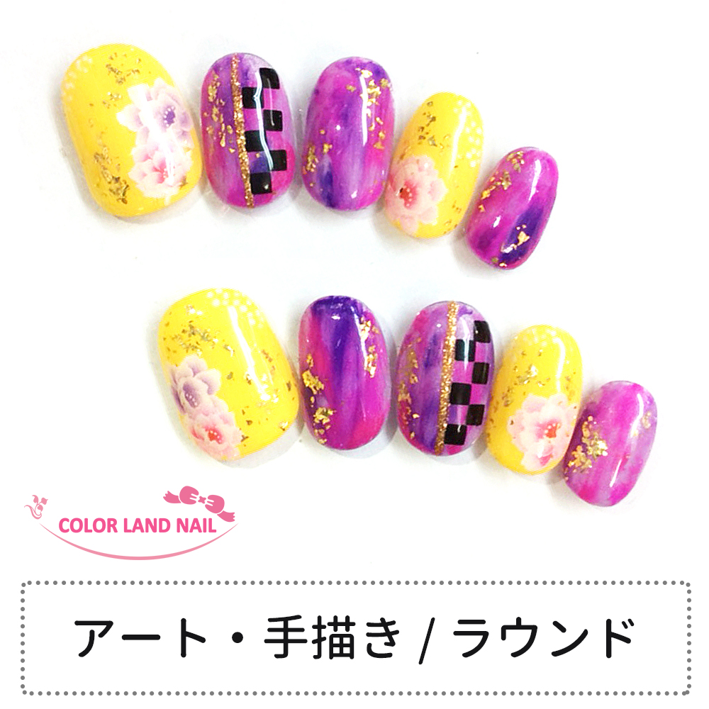 Nailtip ラウンド ネイル手当 和柄 パープル ハンドメイド 付け爪 お召し イエロー 金箔 花柄 紫 和柄 Ro Wk 02 Arsn Sn